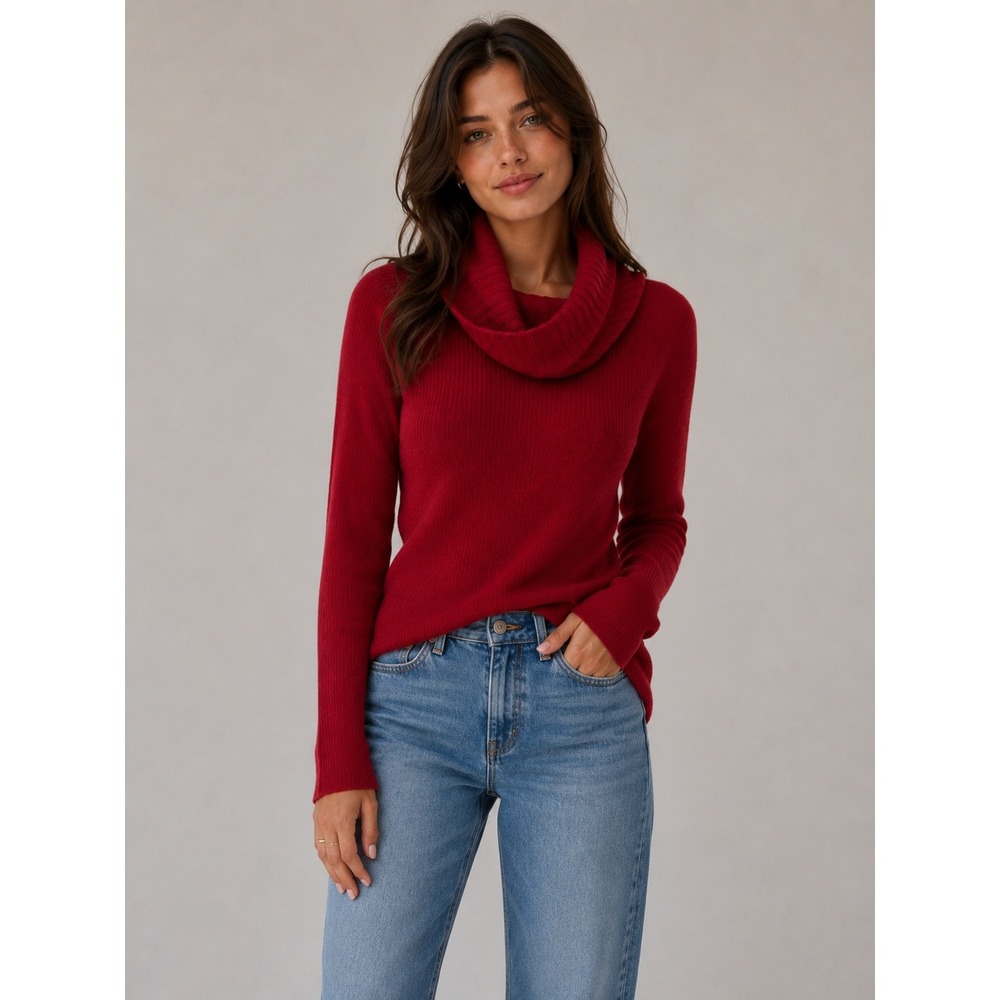 TSE Red 100% Pure Cashmere Cowl Neck Ribbed Knit Sweater Tunic Womens Large